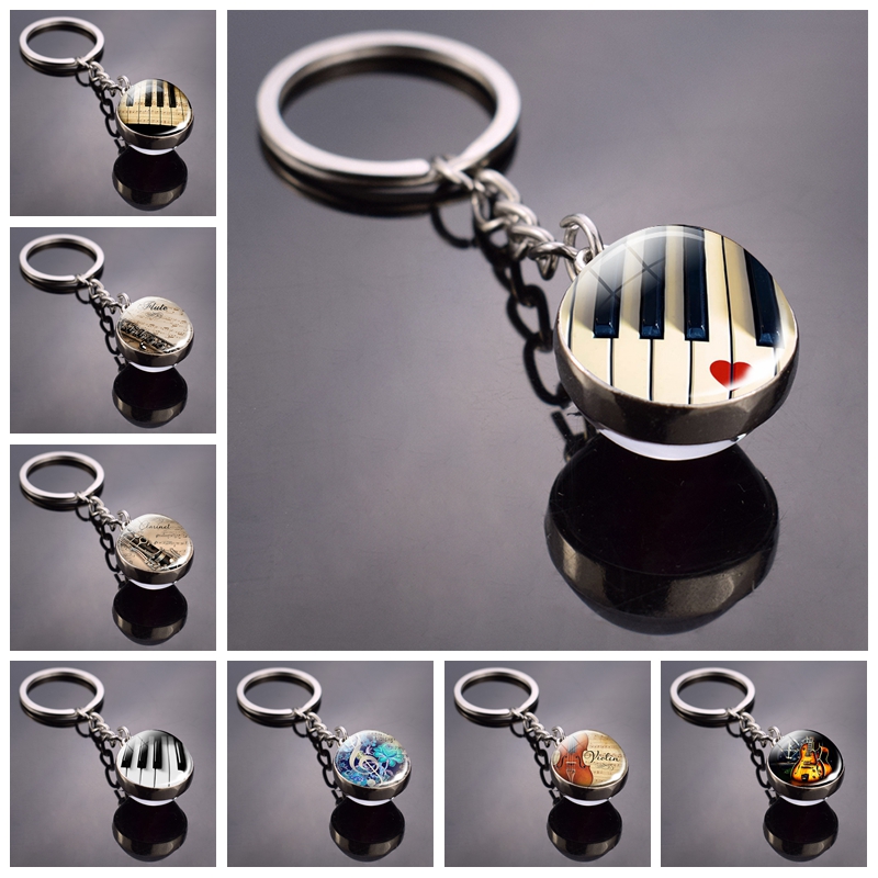 Musical Instrument All - ピアノキーホルダー楽器裂け絵ガラスボールキーチェーンギタークラリネットフルートバイオリンペンダントキーリングドロップシッピング